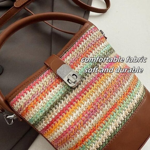 Fashion-Forward Green Contrast Color Mini Bucket Bag - Women's Straw Crossbody - Picture 6 of 9